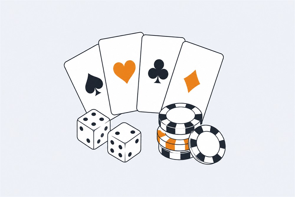 Four fanned playing cards showing spade, heart, club and diamond pips beside two dice and a stack of chips