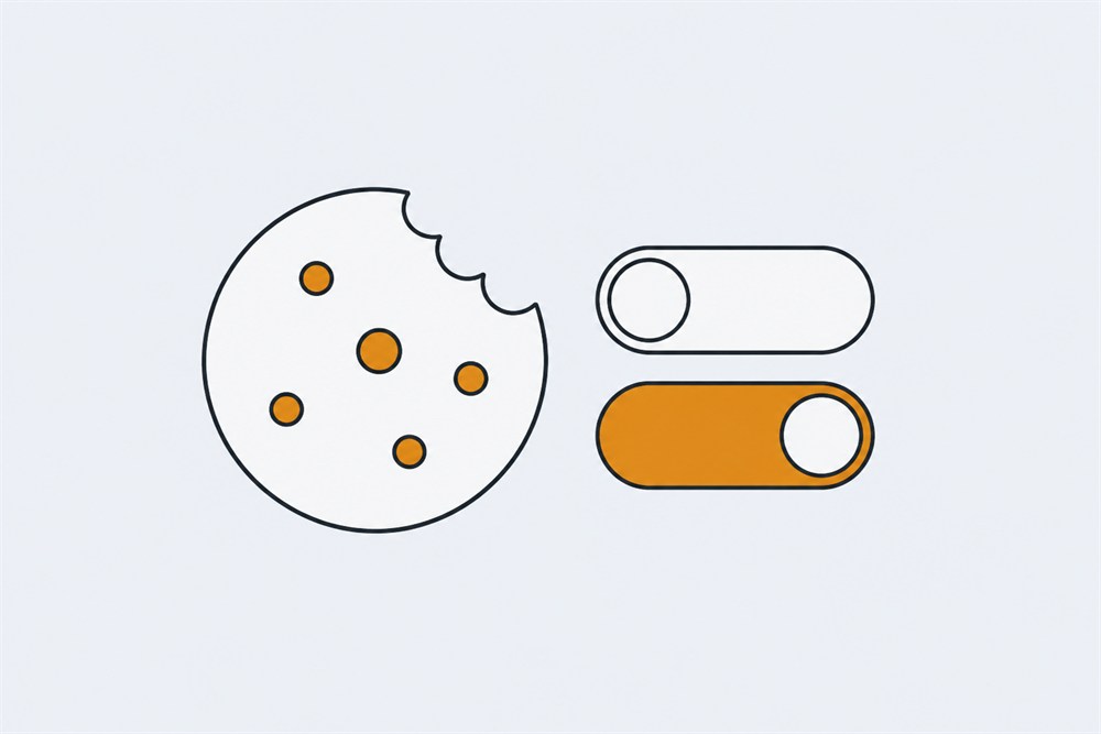 Line illustration of a biscuit with a bite taken out of it beside two toggle switches, one off and one on
