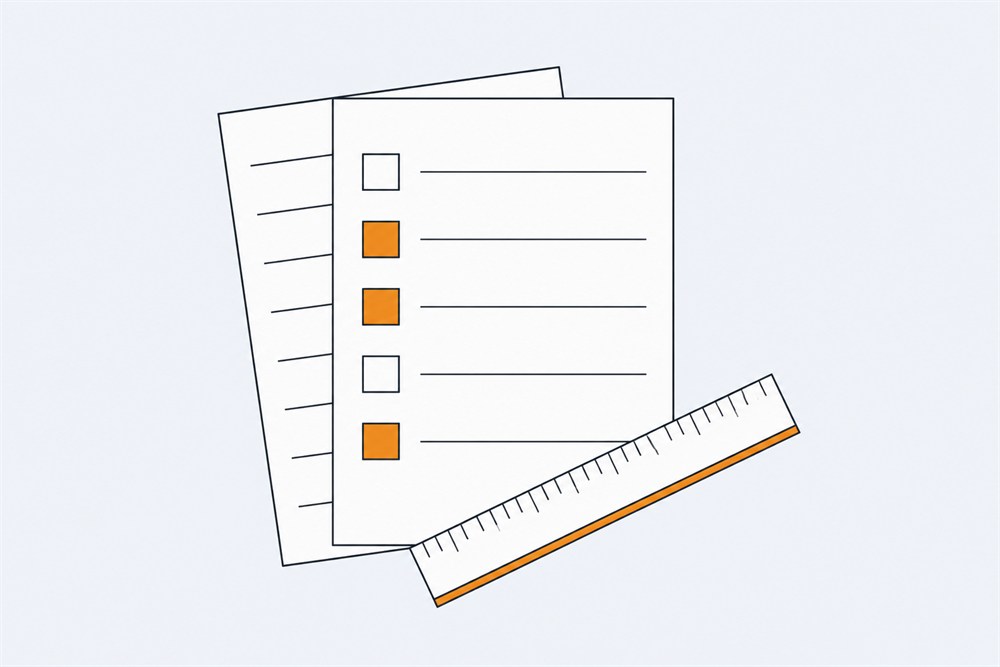 Two ruled scorecard sheets with a column of checkboxes, three of them filled, and a ruler laid across one corner