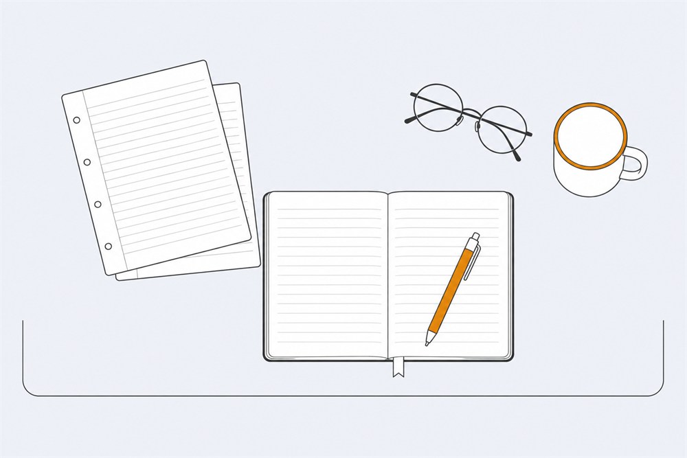 Line illustration of an open notebook with a pen, loose ruled sheets, reading glasses and a mug of coffee