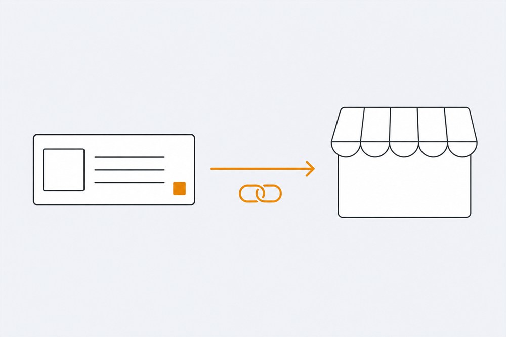 Line illustration of a listing card linked by an arrow and two chain rings to a shopfront