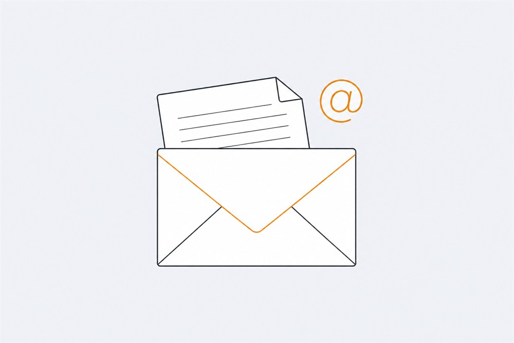 Line illustration of an open envelope with a letter emerging from it and an at-sign beside it