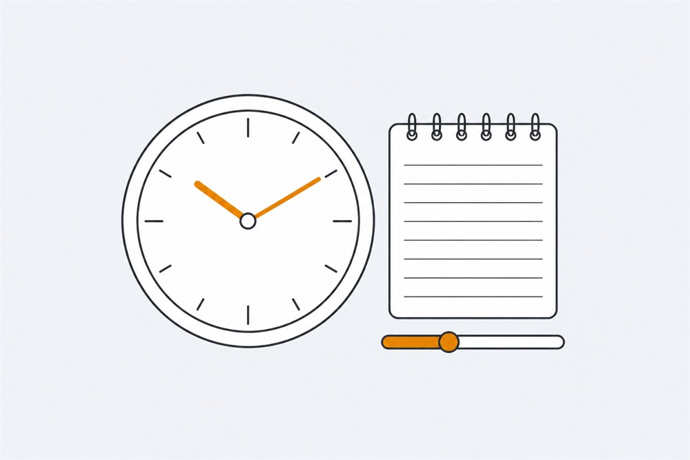 Line illustration of a wall clock, a notepad and a slider control set part way along
