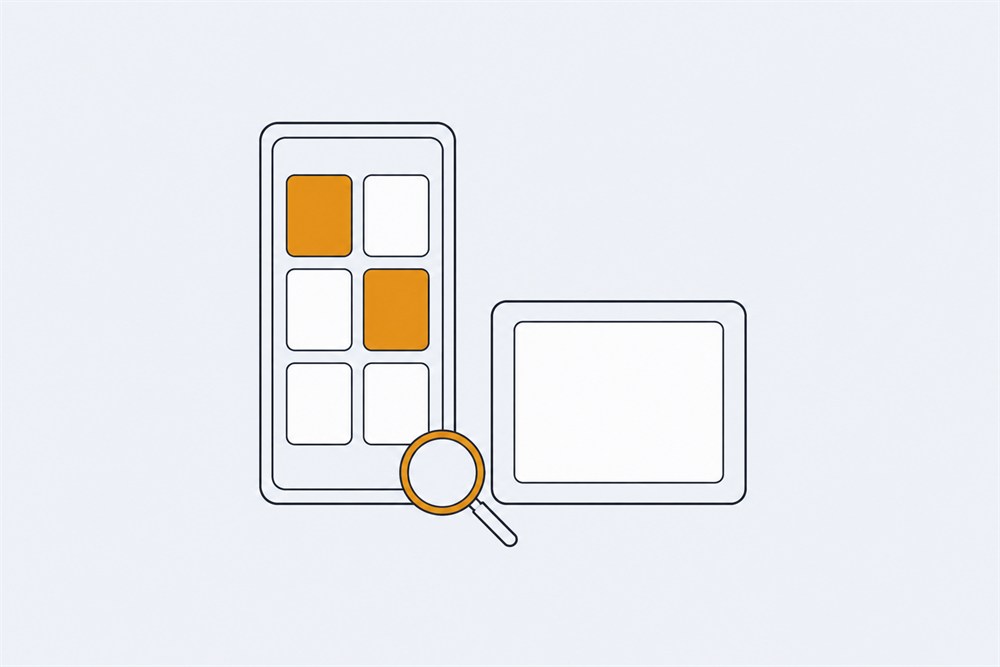 Outlined phone showing a grid of blank tiles beside a tablet shape and a small magnifying glass