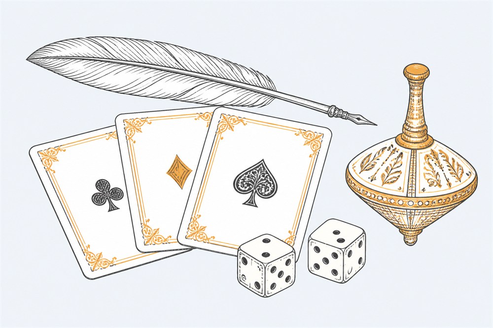 Three antique-styled playing cards with ornate borders, a pair of dice, a spinning teetotum and a quill pen