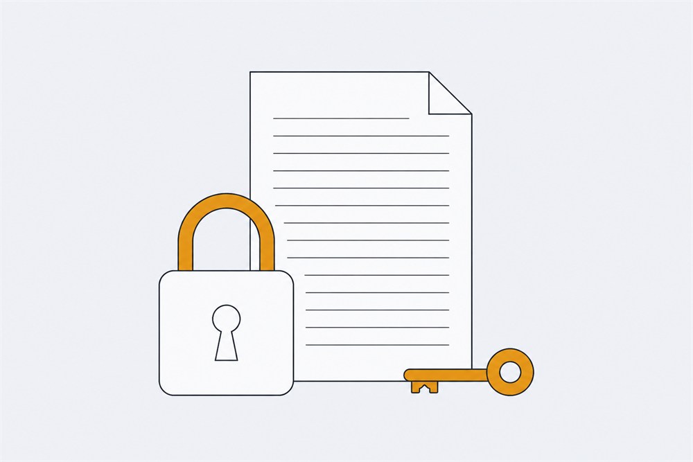 Line illustration of a padlock and a key in front of a ruled document