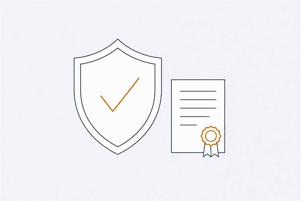 Line illustration of a shield with a tick beside a certificate carrying a rosette seal