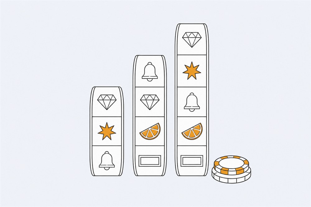 Three slot reel strips of increasing height showing bell, diamond and fruit symbols, with a stack of chips beside them