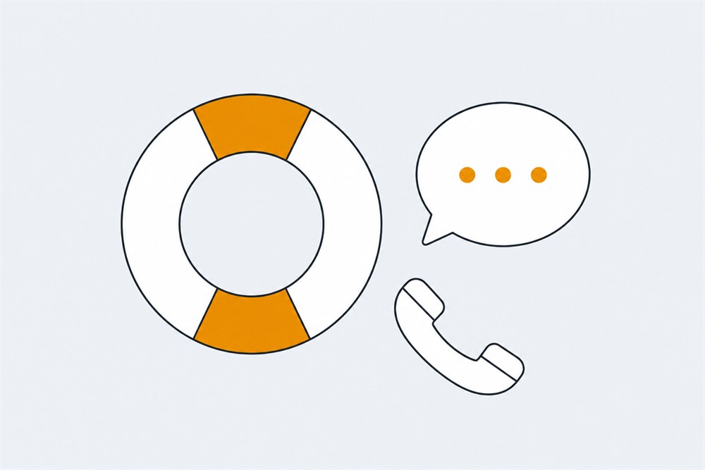 Line illustration of a life ring, a speech bubble and a telephone handset