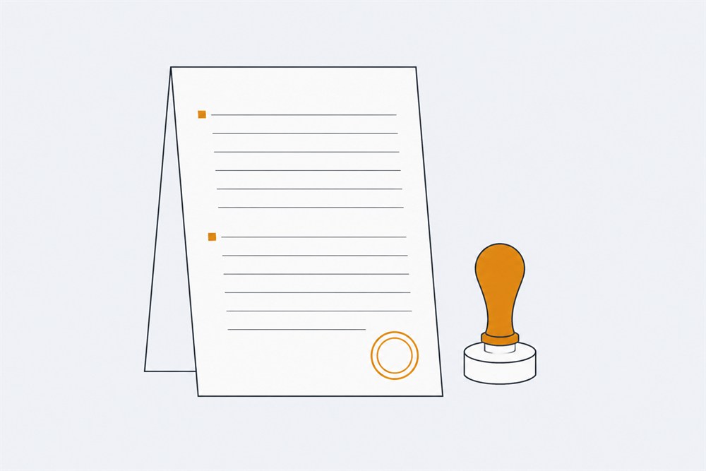 Line illustration of a folded document with bullet points and a seal, next to an ink stamp